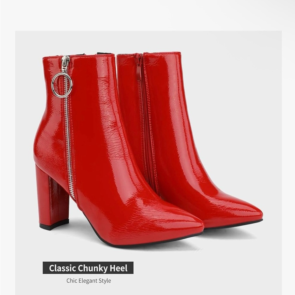Red Chunky Heel Ankle Boots